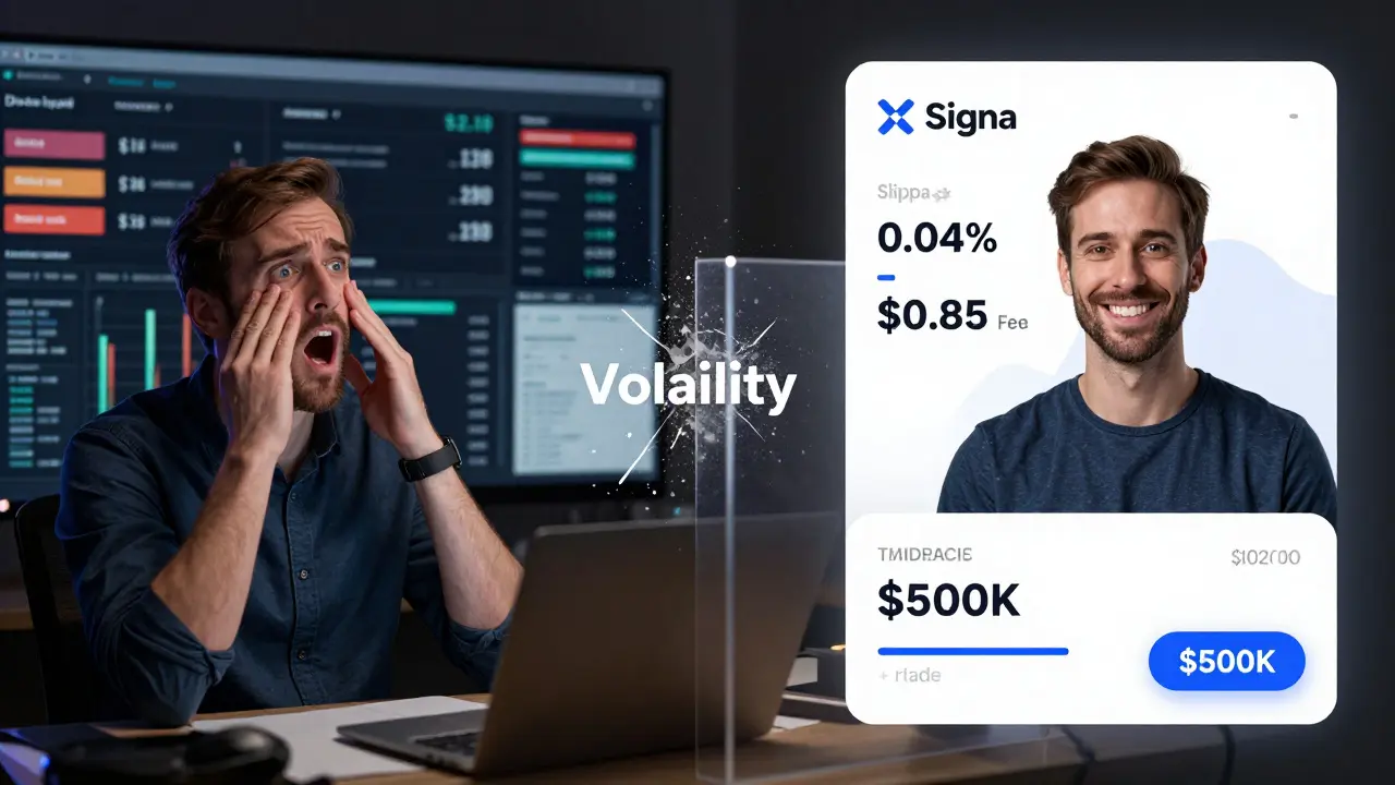 Contrasting interface views: chaotic traditional DEX vs. clean xSigma interface for efficient stablecoin swaps.