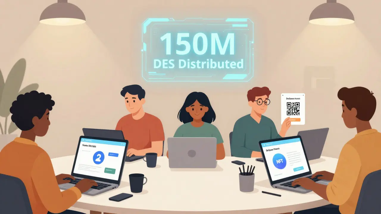 Diverse users interacting with DeSpace Protocol on devices, with a holographic token counter above.