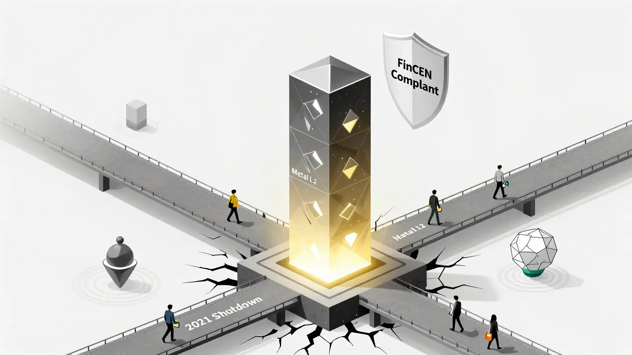 Glowing Metal L2 blockchain tower rising from old shutdown foundation, connected to other chains under a compliance shield.