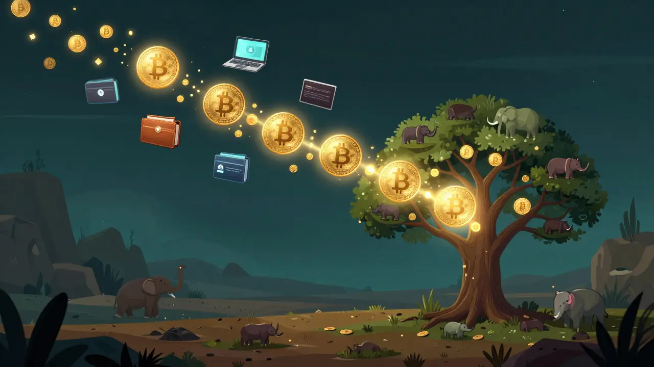 Golden HIPPO tokens flowing into a tree-shaped charity node, supporting wildlife silhouettes in a cyber-nature scene.