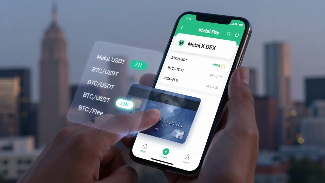 Hand using Metal Pay app to buy crypto with a card, with Metal X DEX interface overlaid on smartphone screen.