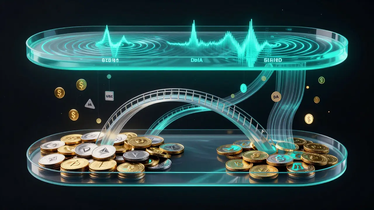 Three layered liquidity pools with cross-chain connections and dynamic fee indicators for stablecoin trading.