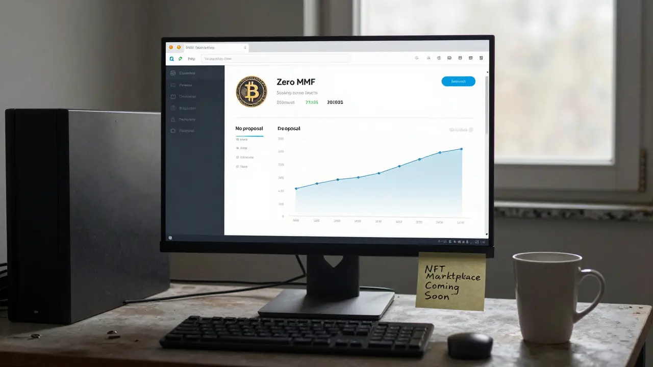 Abandoned crypto dashboard with zero activity and a faded note about an unrealized NFT marketplace.