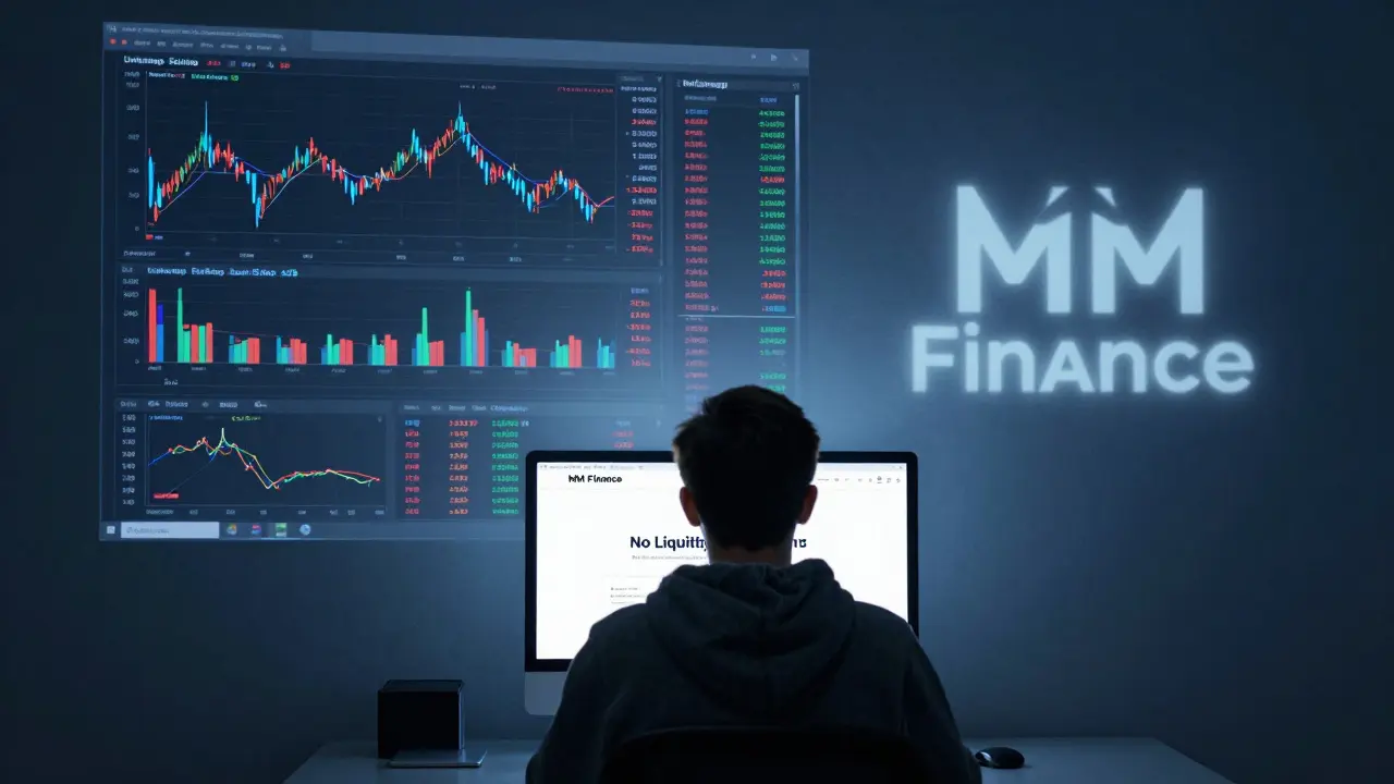 User facing a barren MM Finance screen while vibrant competing DEXes glow in the background.