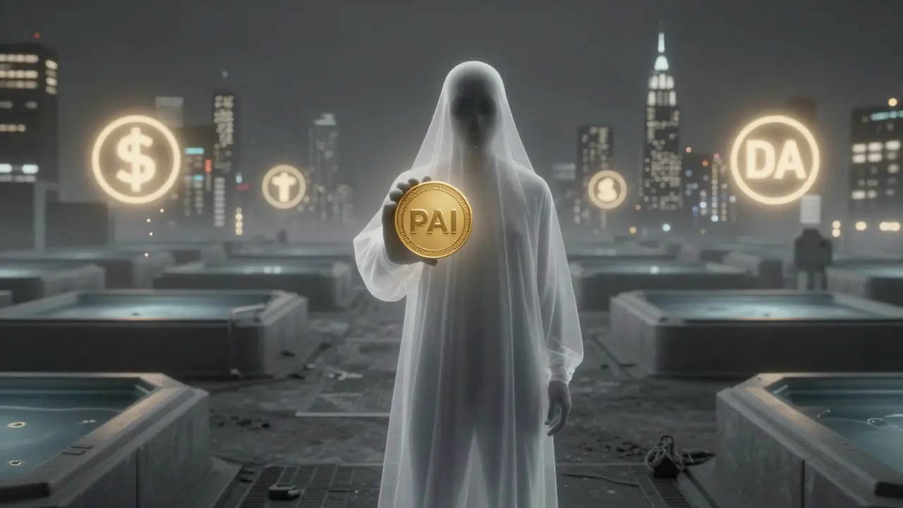 A lone figure holding a PAI token in a desolate DeFi landscape, while other stablecoins shine brightly in the distance.