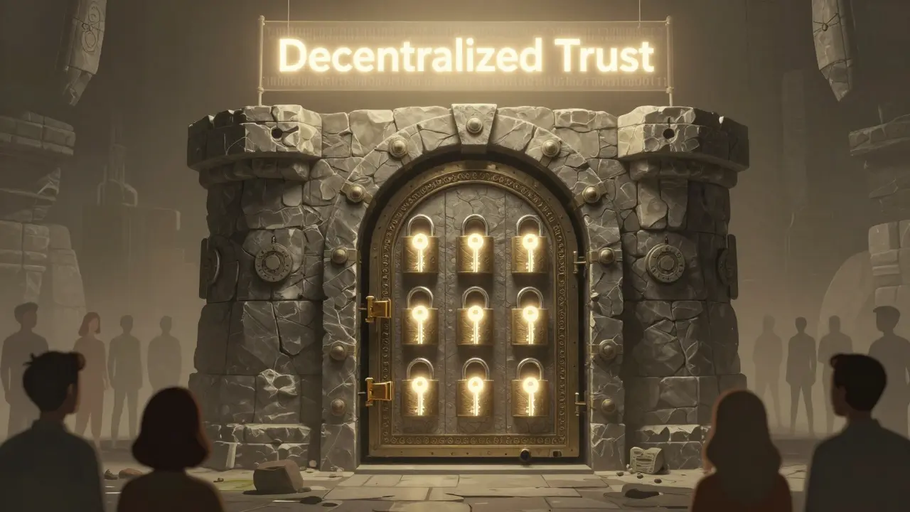 An ancient vault with nine locks, five keys inserted, symbolizing a 5-of-9 multisig DAO treasury.