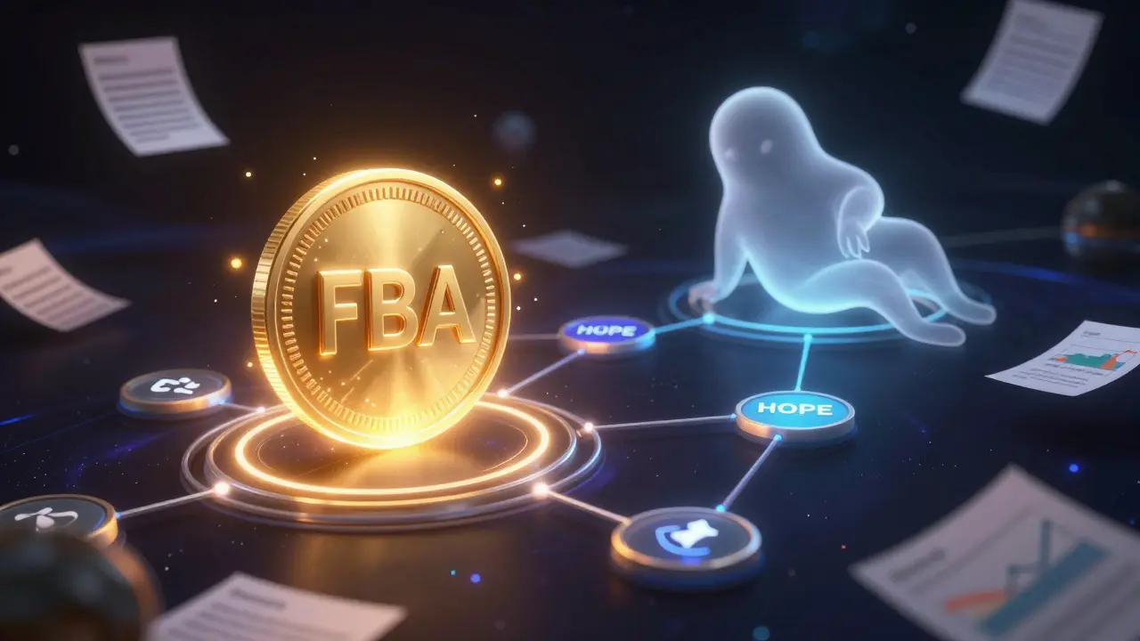 Glowing FBA token active in DeFi network while HOPE token is faded and inactive