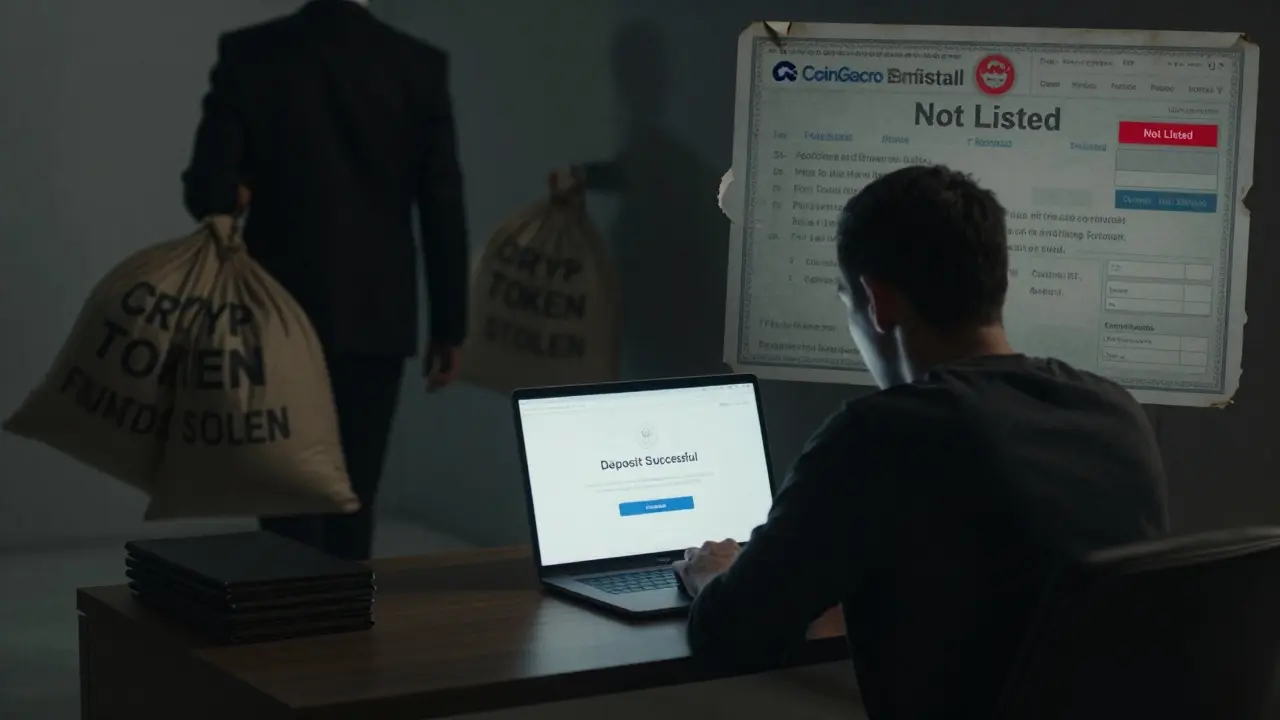 Lonely victim at desk, screen shows deposit confirmation while shadowy figures carry away stolen funds.