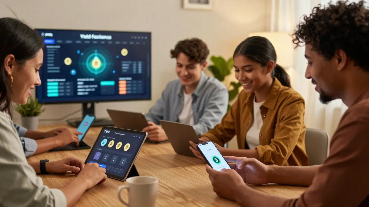Users interacting with Firebird Finance app on devices while automated yield farming runs in background