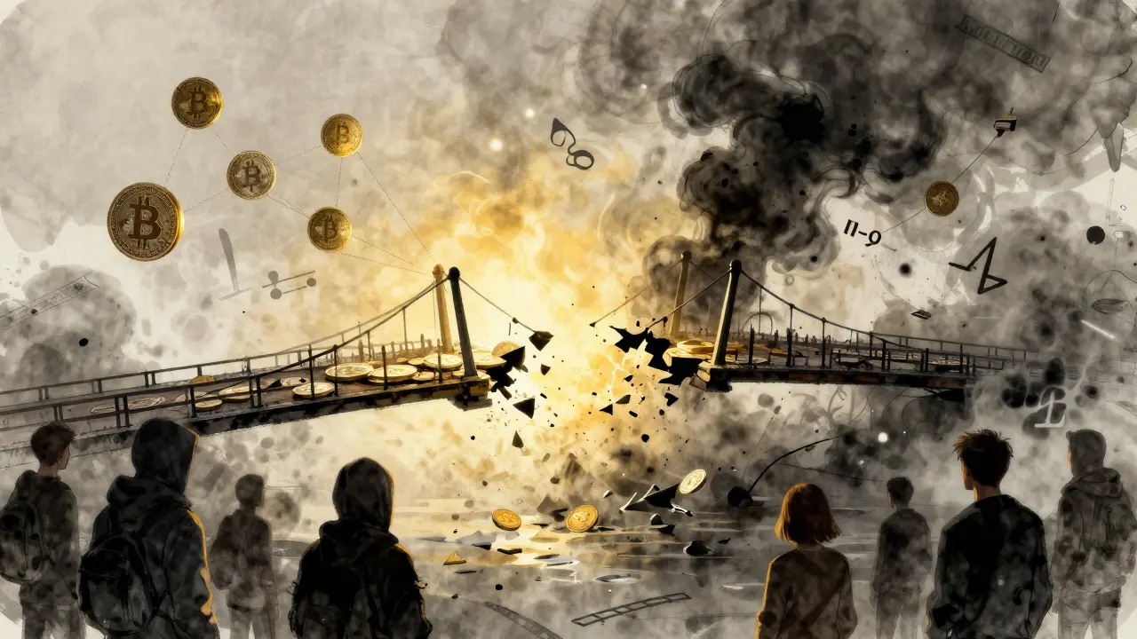 Broken bridge of crypto tokens between blockchains, users watching as one side crumbles into ash.
