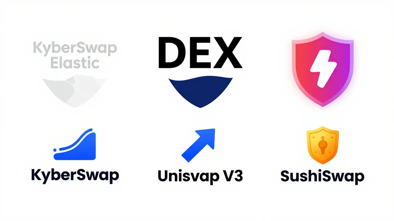 Side-by-side comparison of KyberSwap faded and secure alternatives glowing with security icons.