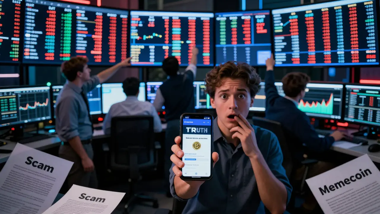 Traders on Wall Street react to DJT stock surge while one investor stares at a fake $TRUTH crypto website.