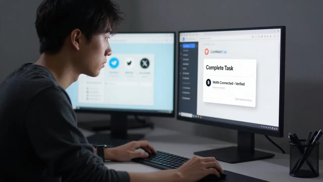 User clicking 'Complete Task' on CoinMarketCap airdrop page with verified wallet notification.