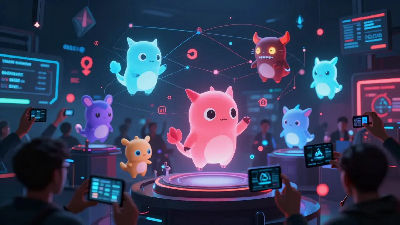 A chaotic digital marketplace filled with hundreds of glowing Metamon NFTs being traded by unseen hands in a blockchain-themed environment.