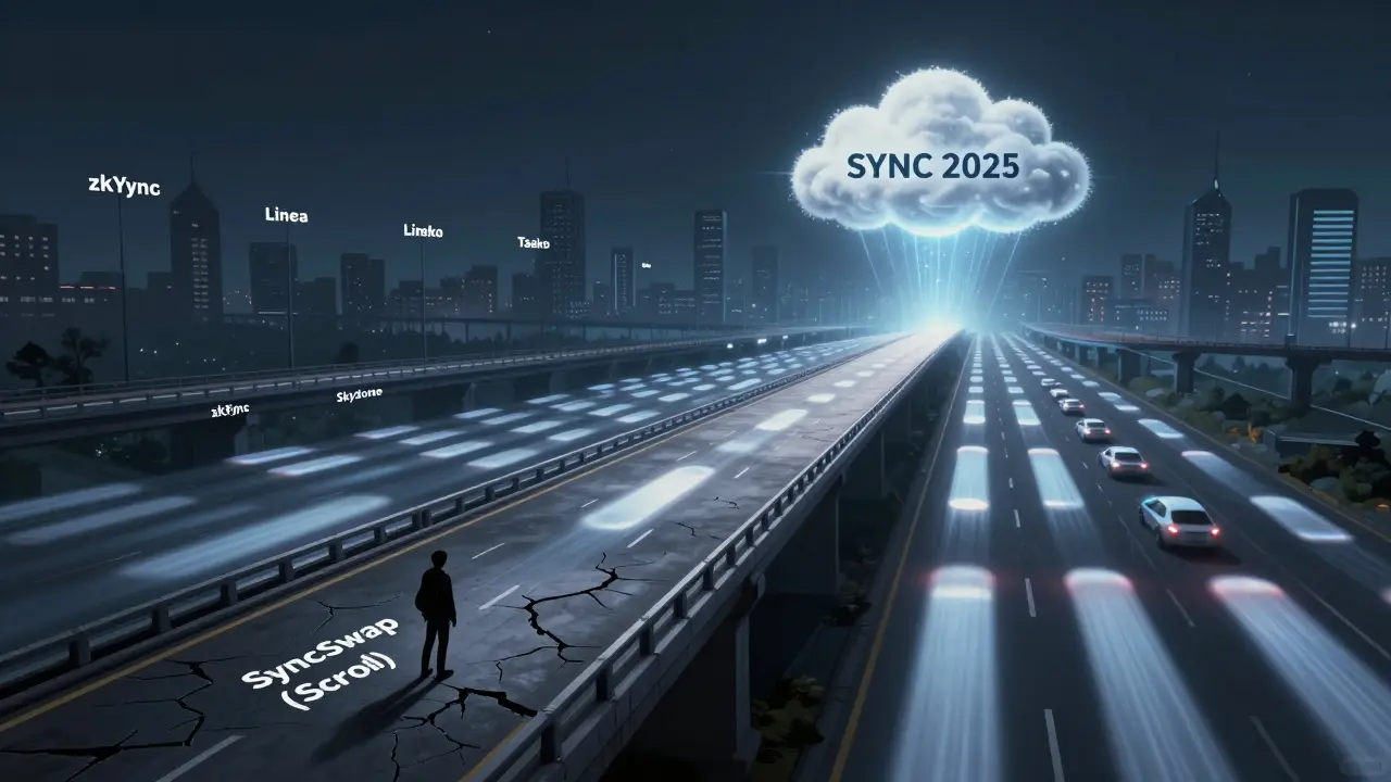 A cracked digital bridge to a distant airdrop cloud, while a sturdy highway leads to a thriving DeFi city.