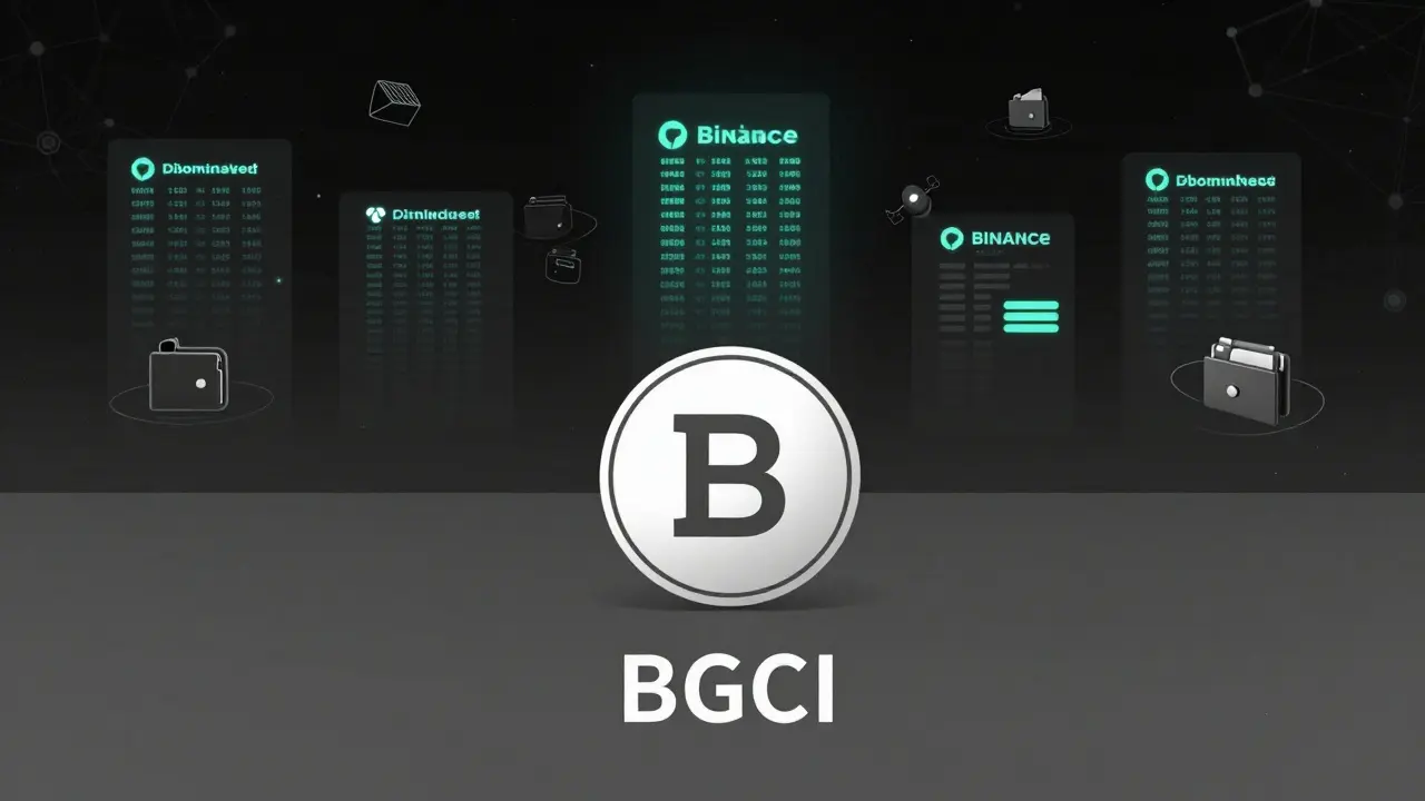 A lone BGCI token on a quiet DeFi platform, contrasted with bustling centralized exchanges in the distance.