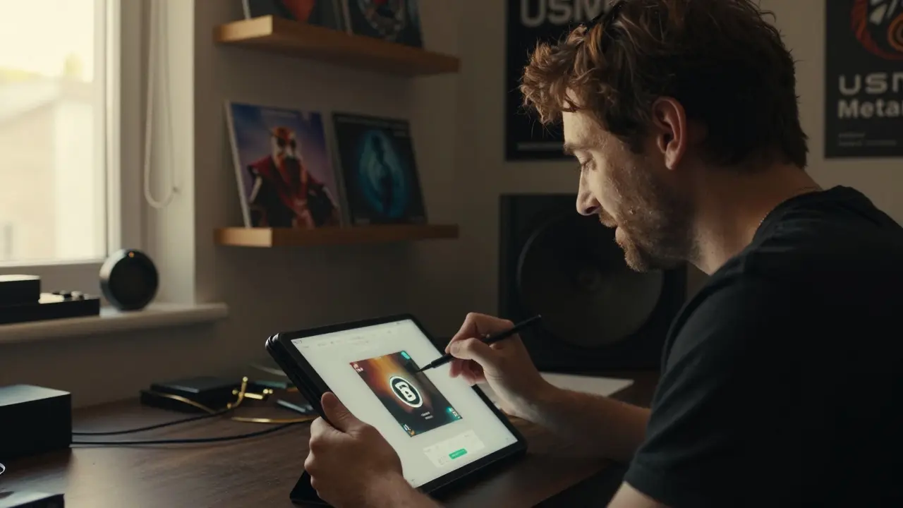 An artist painting on a tablet with a RACA payment icon on screen, NFT prints visible on a shelf, bathed in warm studio light.