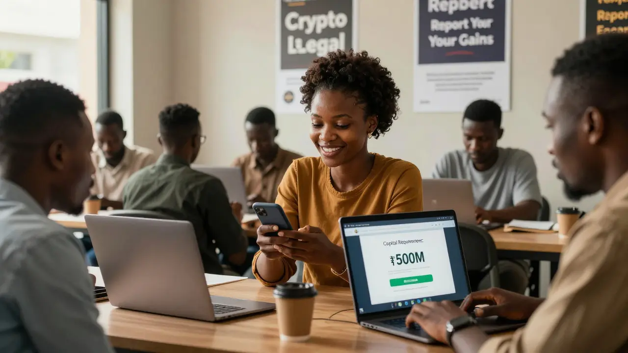 Nigerian entrepreneurs in a co-working space, one using a licensed exchange while another sees a high capital requirement warning on a laptop.