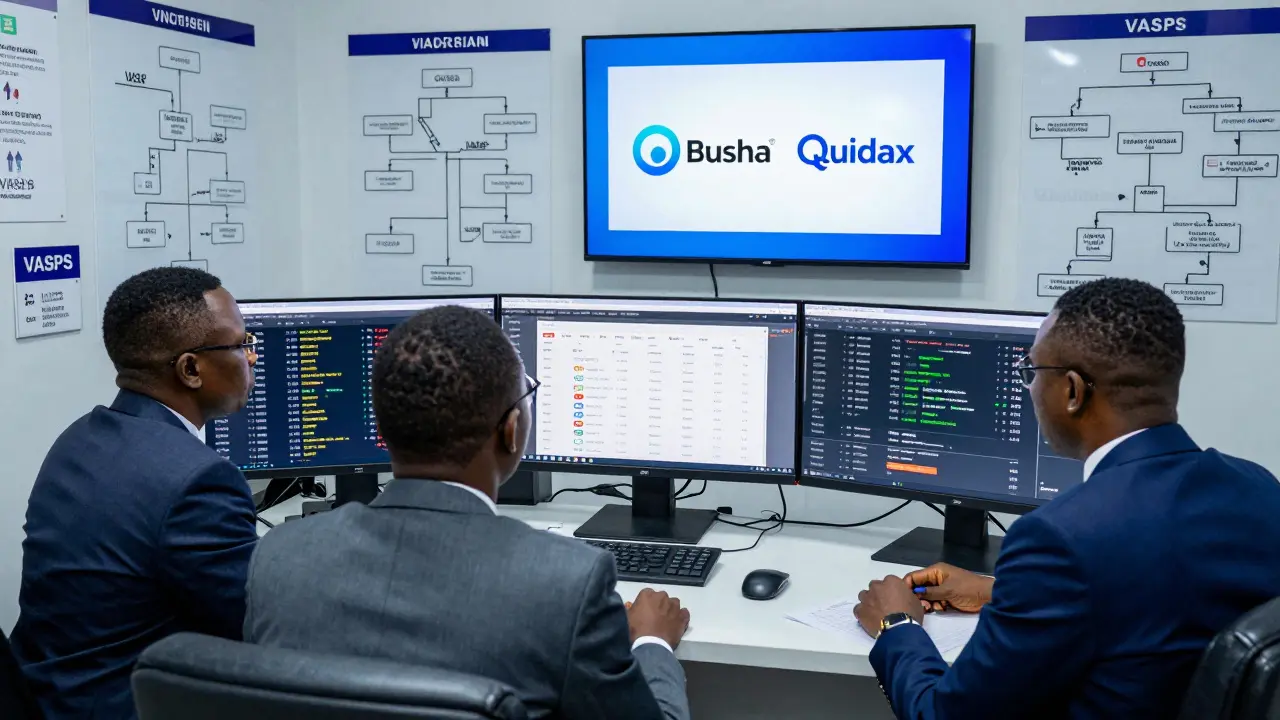 SEC officials monitoring crypto transaction data on digital dashboards in a regulatory office with licensed exchange logos visible.