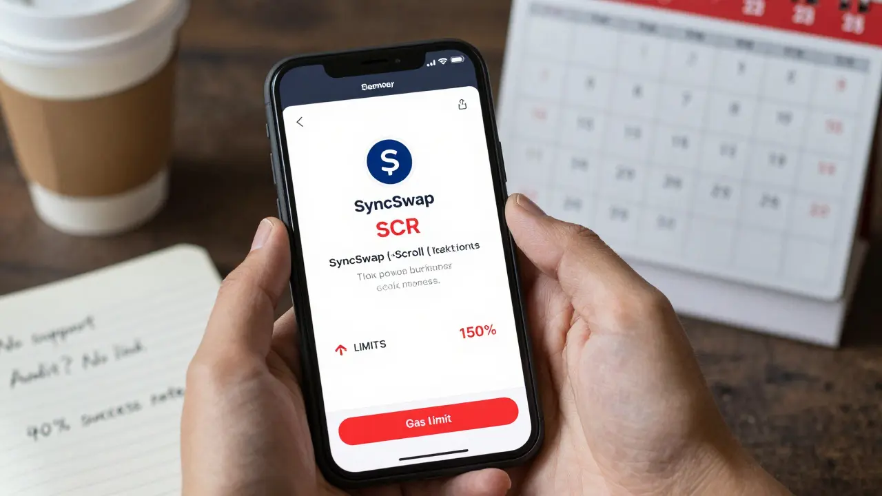User viewing a failed SCR token purchase on SyncSwap (Scroll) with error messages and high gas limit displayed.