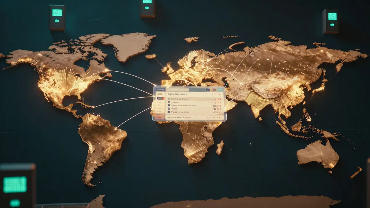 A global map with blockchain connections between Germany and Florida, showing a property transaction and AI servers in the background.
