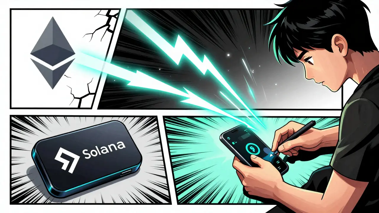 A user installing a Solana wallet with lending protocols and transaction arrows swirling around in a comic book style.