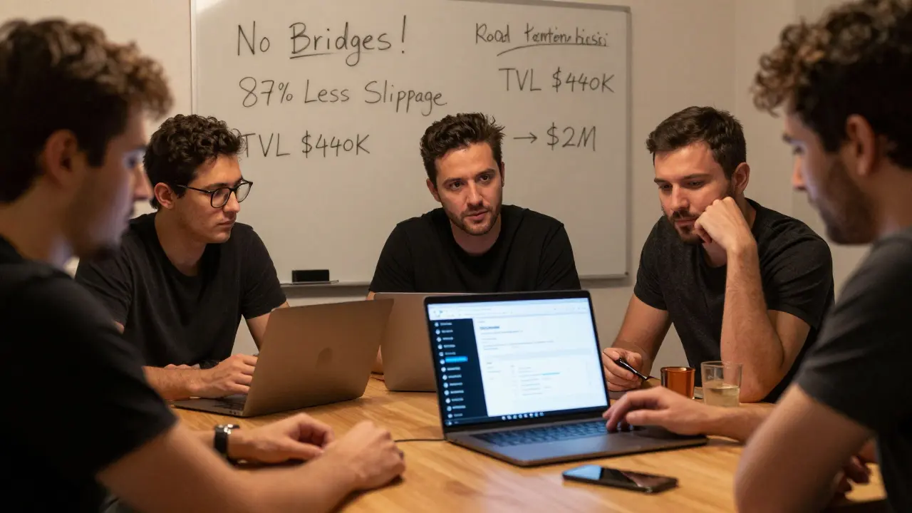 Retail crypto traders observing a successful cross-chain swap on Hermes Protocol in a co-working space, with key metrics visible on a whiteboard.