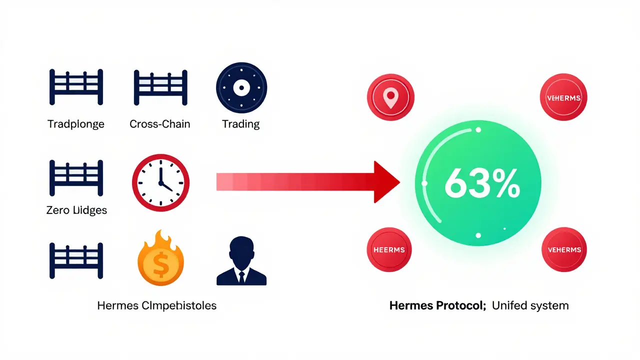 Side-by-side comparison of traditional bridged crypto swaps versus Hermes Protocol's unified swap system with speed and fee advantages.