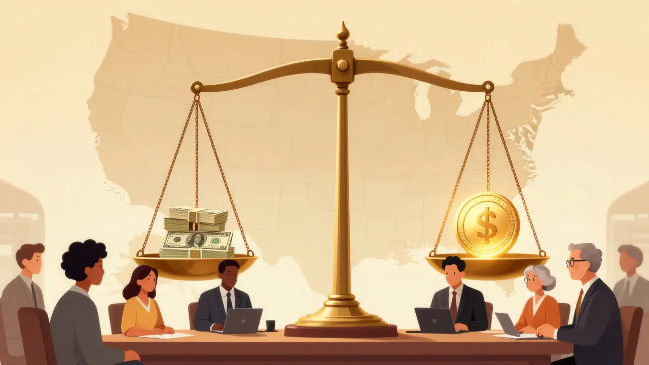 A balanced scale with U.S. reserves and a stablecoin, overseen by a regulatory committee under federal authority.