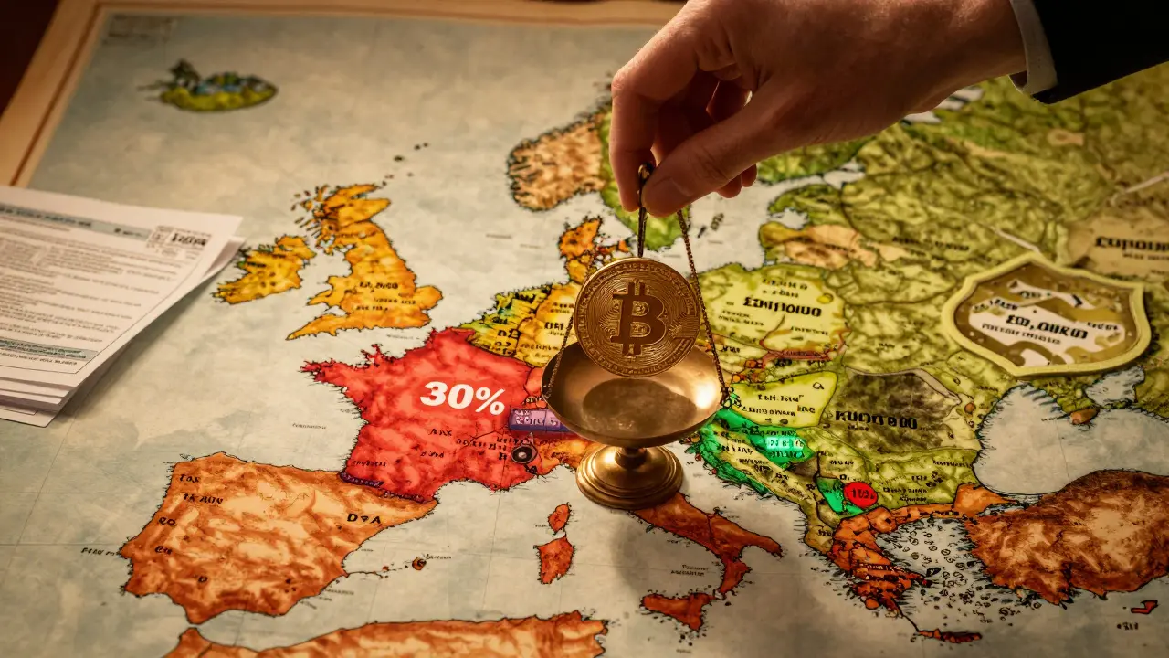 A colorful European map highlighting varying crypto tax rates with Germany’s one-year rule in green and France’s flat rate in red.