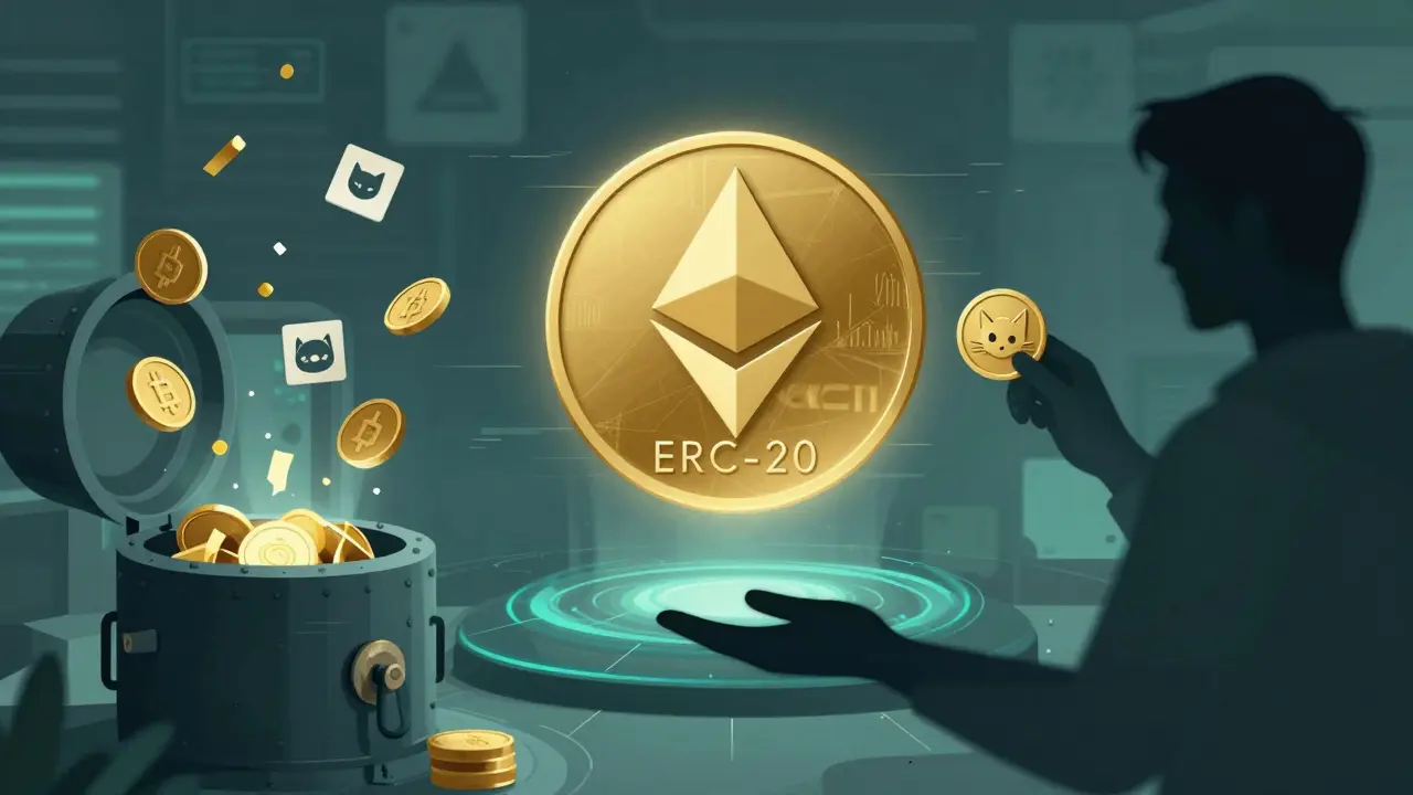 A glowing MOONCAT token above an Ethereum smart contract, with NFTs flowing in and stablecoins flowing out.