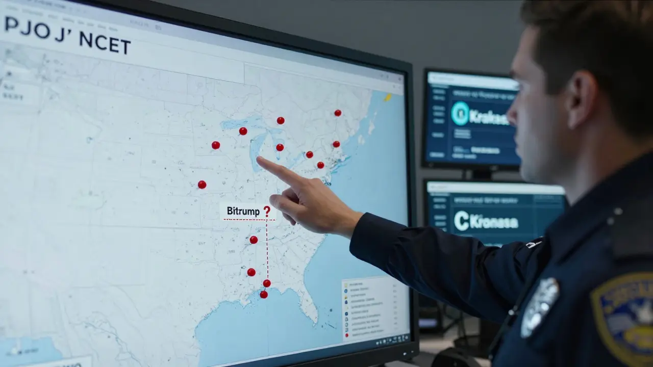 A law enforcement analyst examining a digital map of crypto scams, with 'Bitrump' marked as untraceable.
