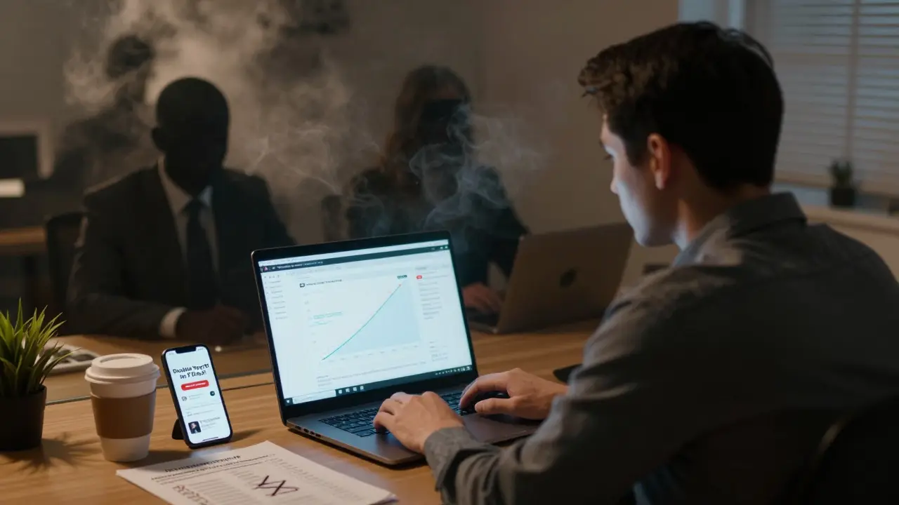 A person staring at a laptop showing fake crypto profits while shadowy scammers vanish behind them.