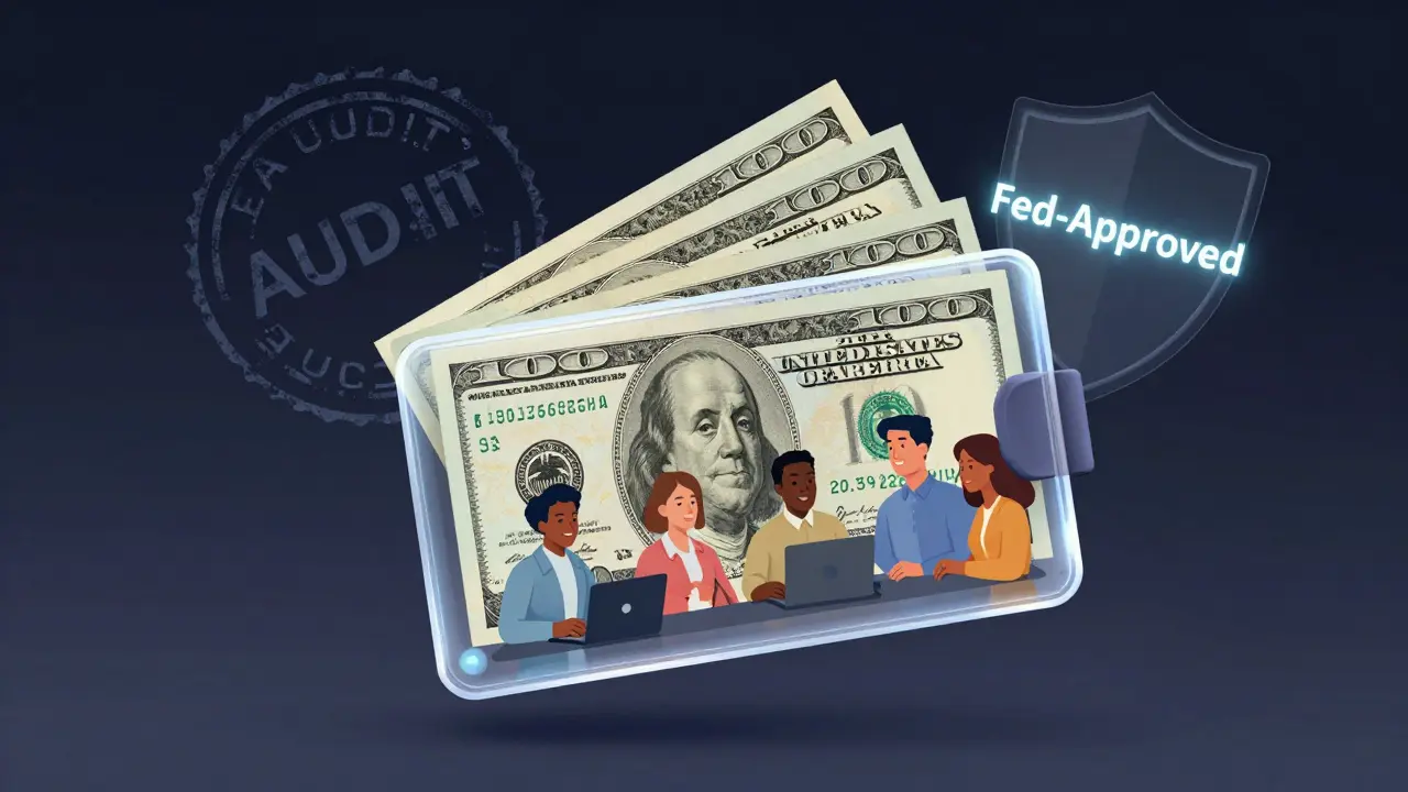 A transparent digital wallet containing only U.S. cash and Treasury bills, symbolizing regulated stablecoin backing.