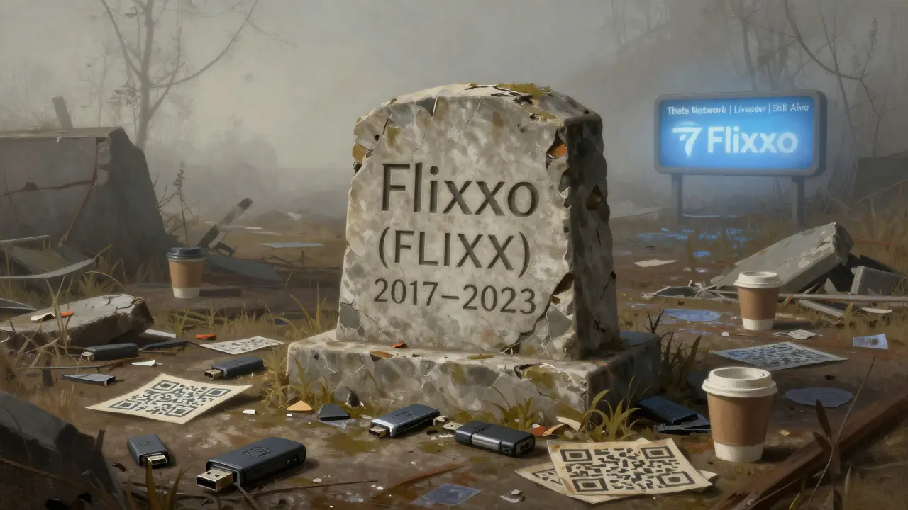 Abandoned digital graveyard with a tombstone for Flixxo, surrounded by broken tech and distant signs of alive competitors.