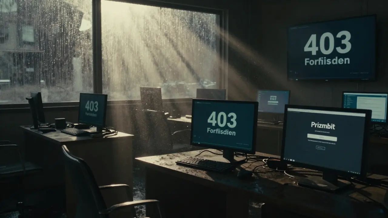 Abandoned trading floor with broken exchange screens, one terminal still showing Prizmbit's escrow confirmation in dim light.