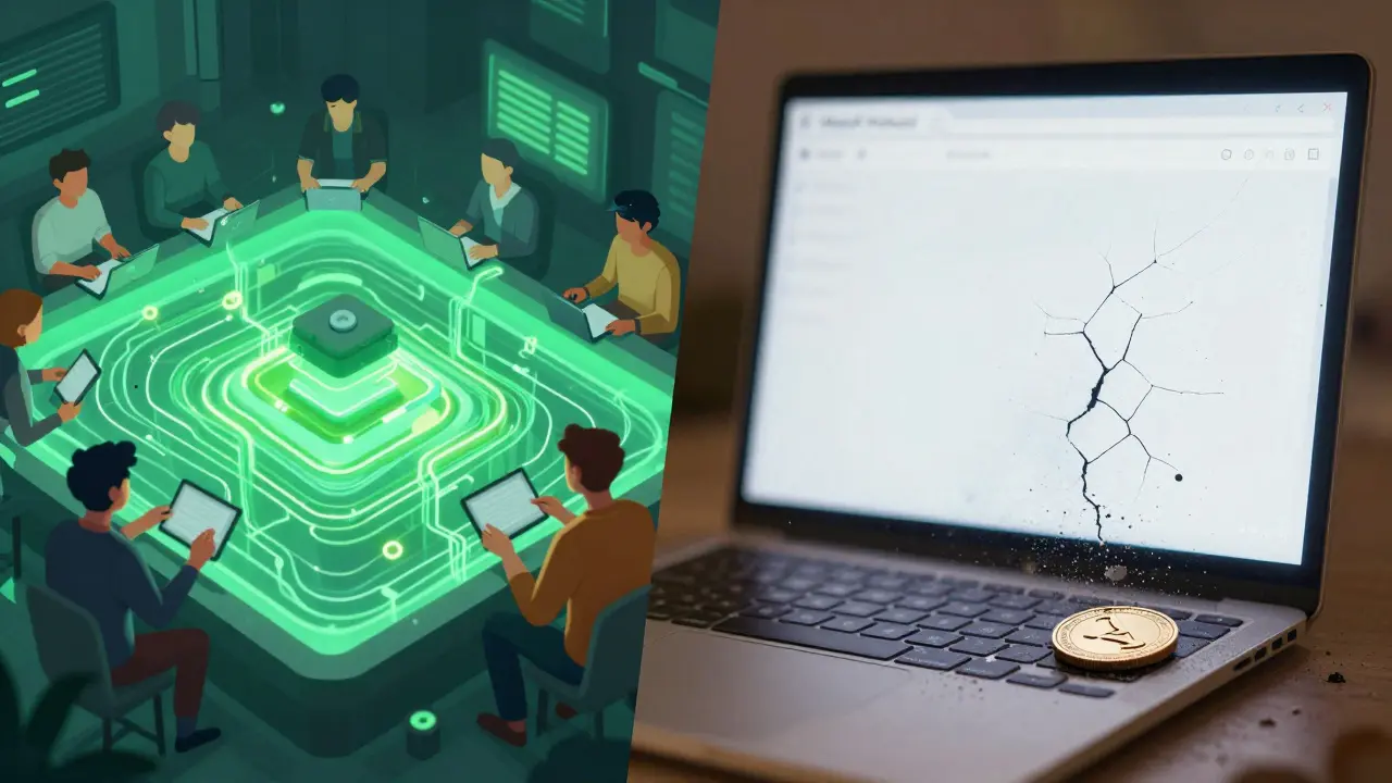 Contrast between active Uniswap v3 liquidity and frozen, decaying MonoX Protocol interface.
