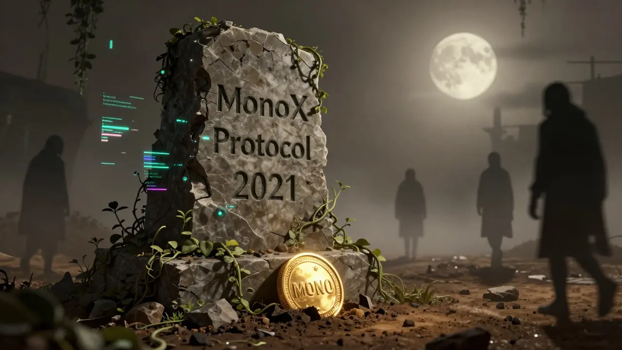 Crumbling MonoX monument overgrown with digital vines, symbolizing a failed DeFi project.