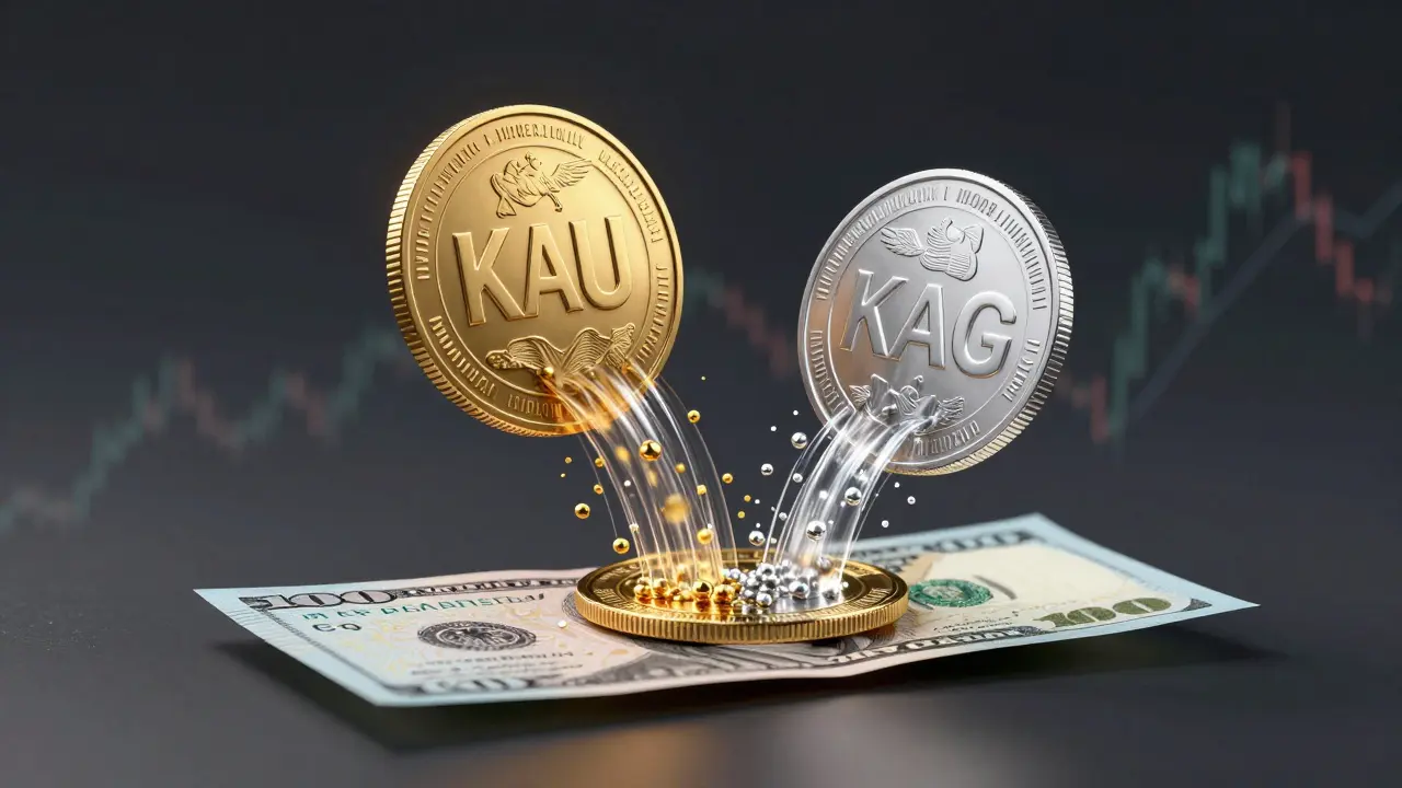 Digital gold and silver coins floating above a banknote, with metallic particles flowing into them as symbols of passive yield.