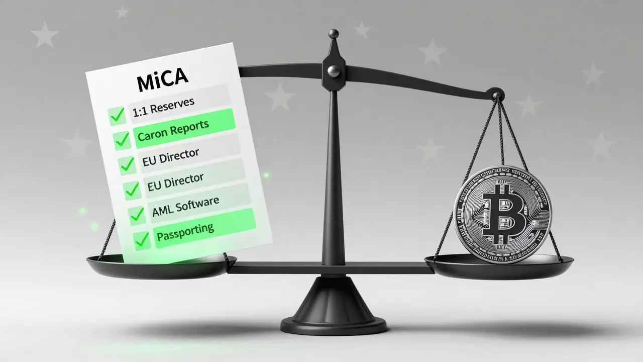 Digital scale balancing crypto token against MiCA compliance requirements like reserves, carbon reports, and EU director.