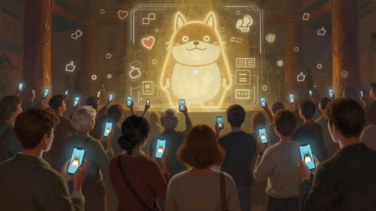 Diverse people in a digital temple gazing at a hologram of Kabosu, holding phones with DOG tokens displayed