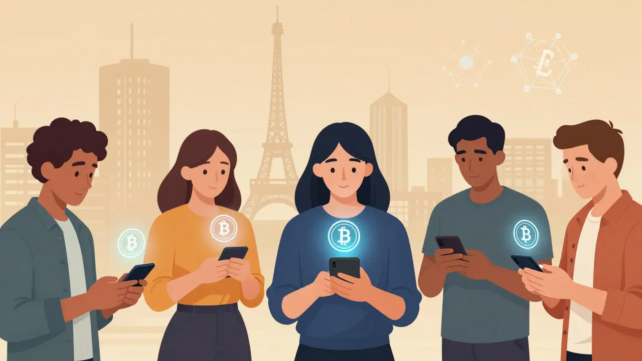 Europeans using wallets to trade ETH for DEURO on decentralized exchanges, with holographic tokens and blockchain nodes in the background.