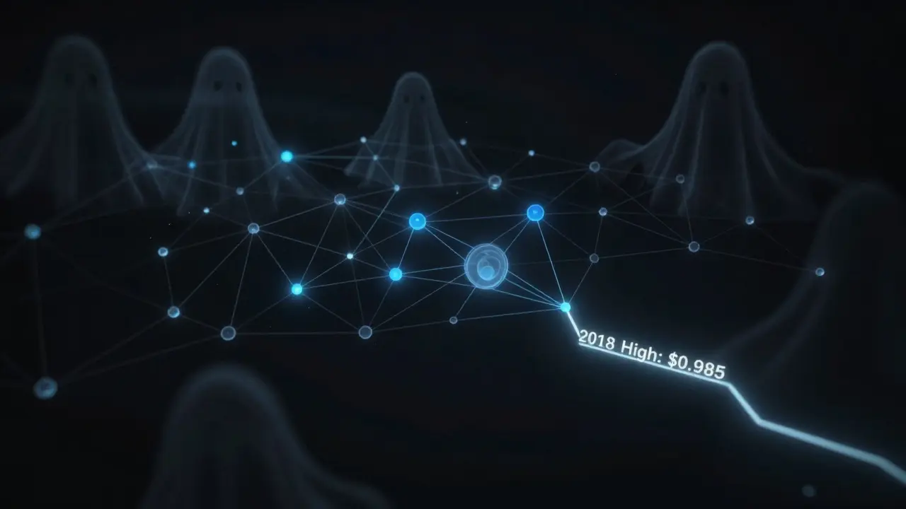 Flickering network nodes in darkness, most dead, with one path leading to a faded price high from 2018.