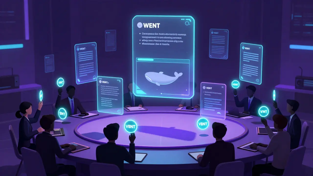 Holographic governance chamber with floating ballots and users holding vBNT tokens of different sizes.