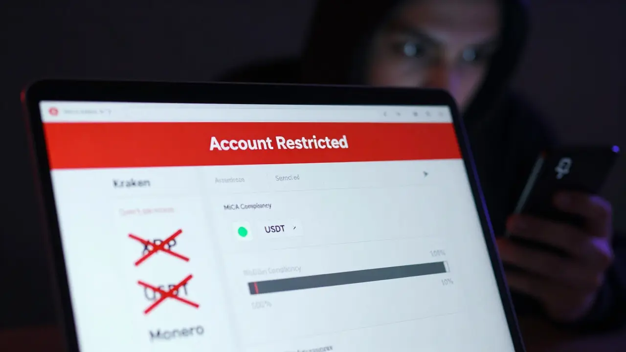 Laptop screen showing Kraken's restricted account with crossed-out assets and a VPN user in the background.
