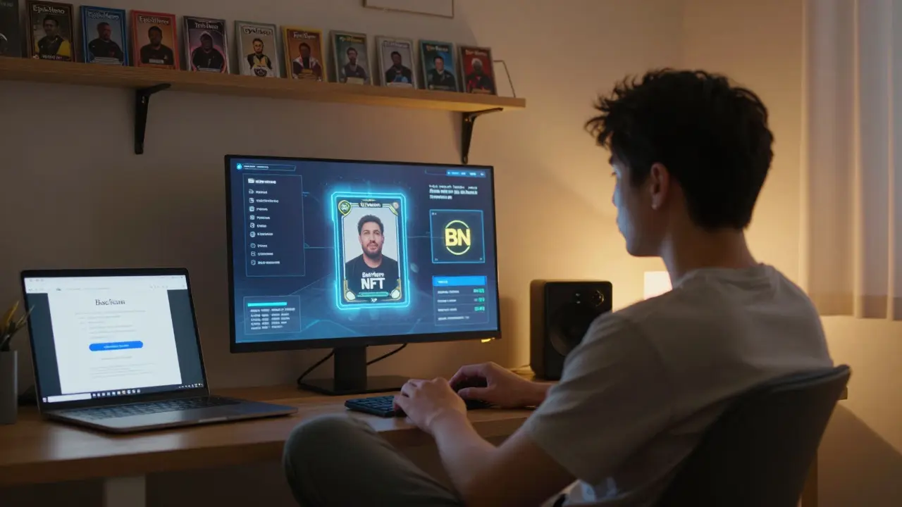 Player watching a hologram of their EpicHero NFT and BNB earnings in a quiet, well-lit room.