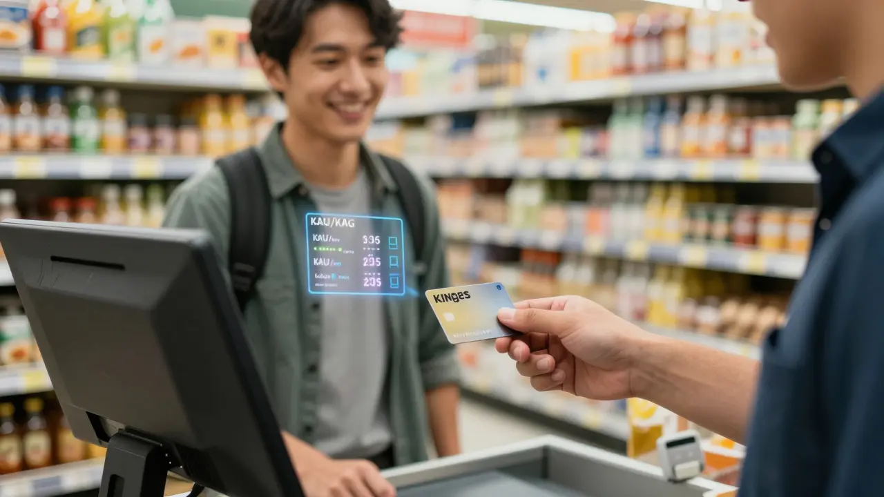 Someone using a Kinesis Mastercard at a grocery store, with subtle digital conversion rates visible nearby.