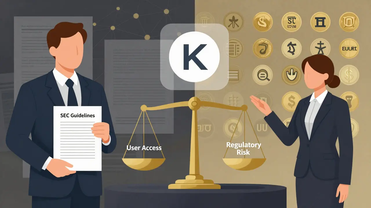 Split illustration of U.S. and EU regulators overseeing Kraken's compliance with fallen stablecoin tokens.