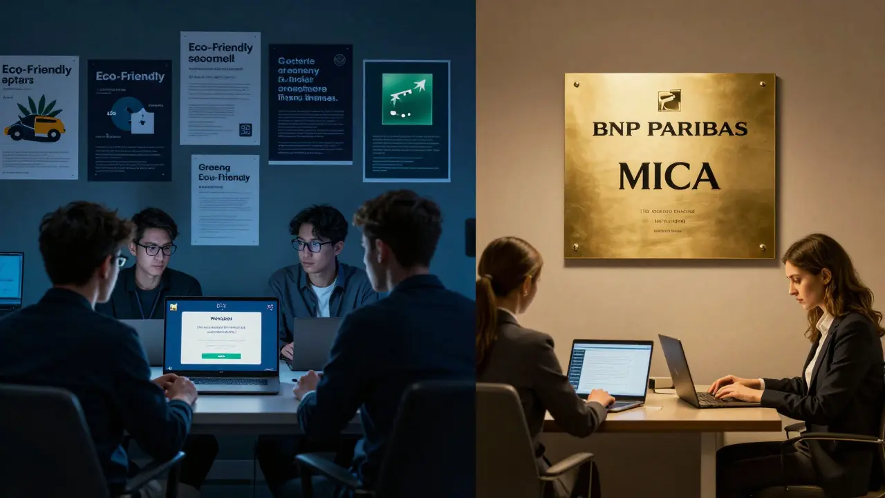 Split scene: small DeFi startup blocked from EU vs. major bank with MiCA license operating confidently.