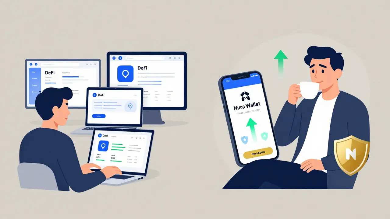 Split scene: stressed user managing DeFi manually vs. relaxed user with automated Nura Wallet.